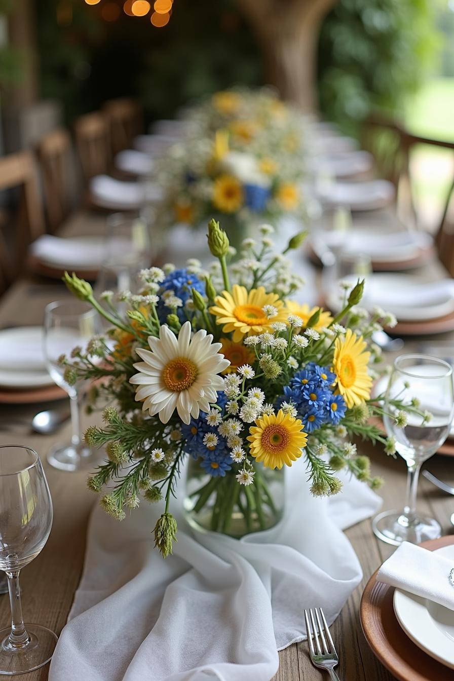 Colorful flower centerpiece with daisies on a rustic table