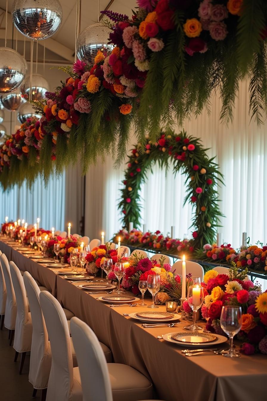 Intricate floral arrangement with candles and disco balls