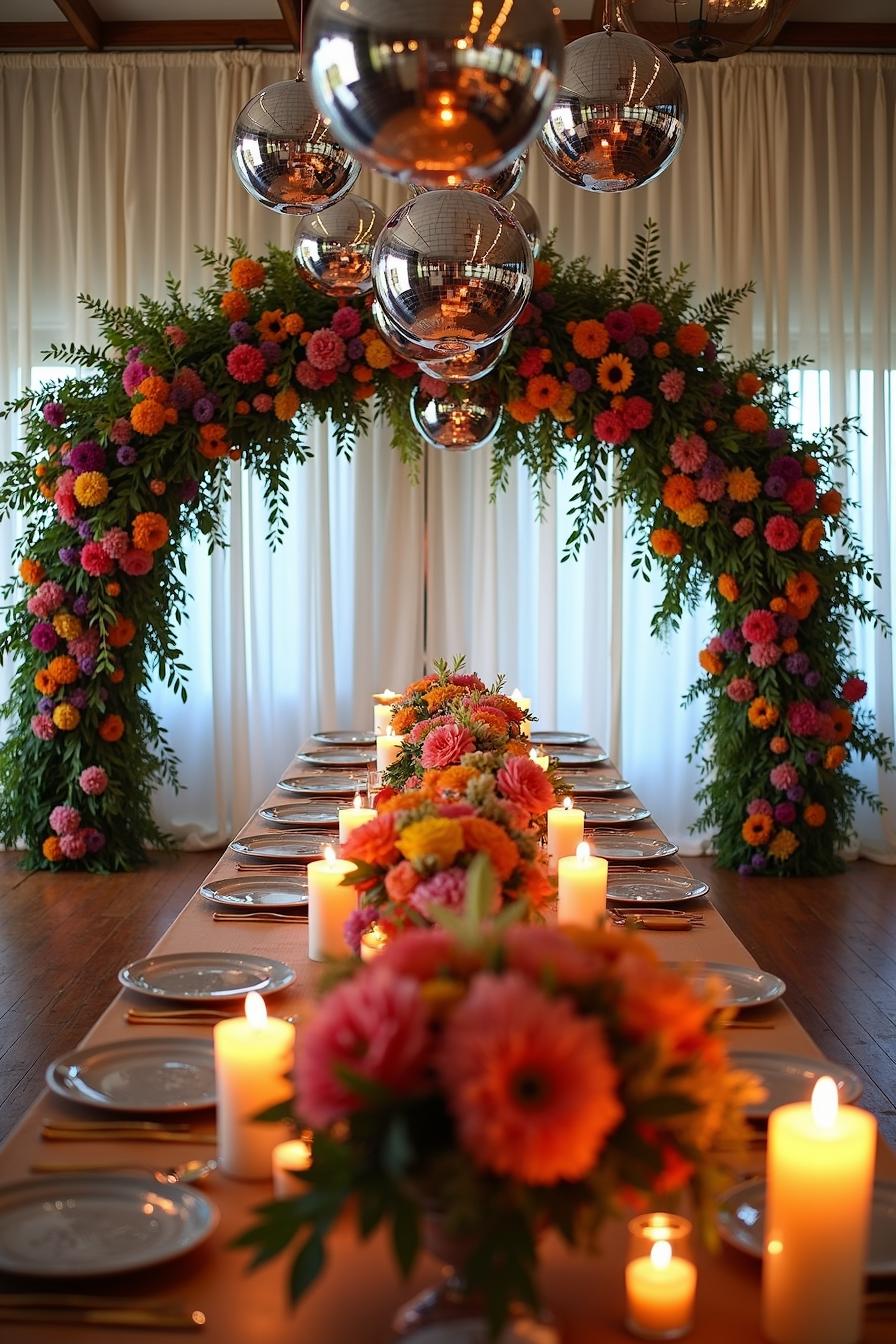 Vibrant floral arch with candles and mirrored spheres