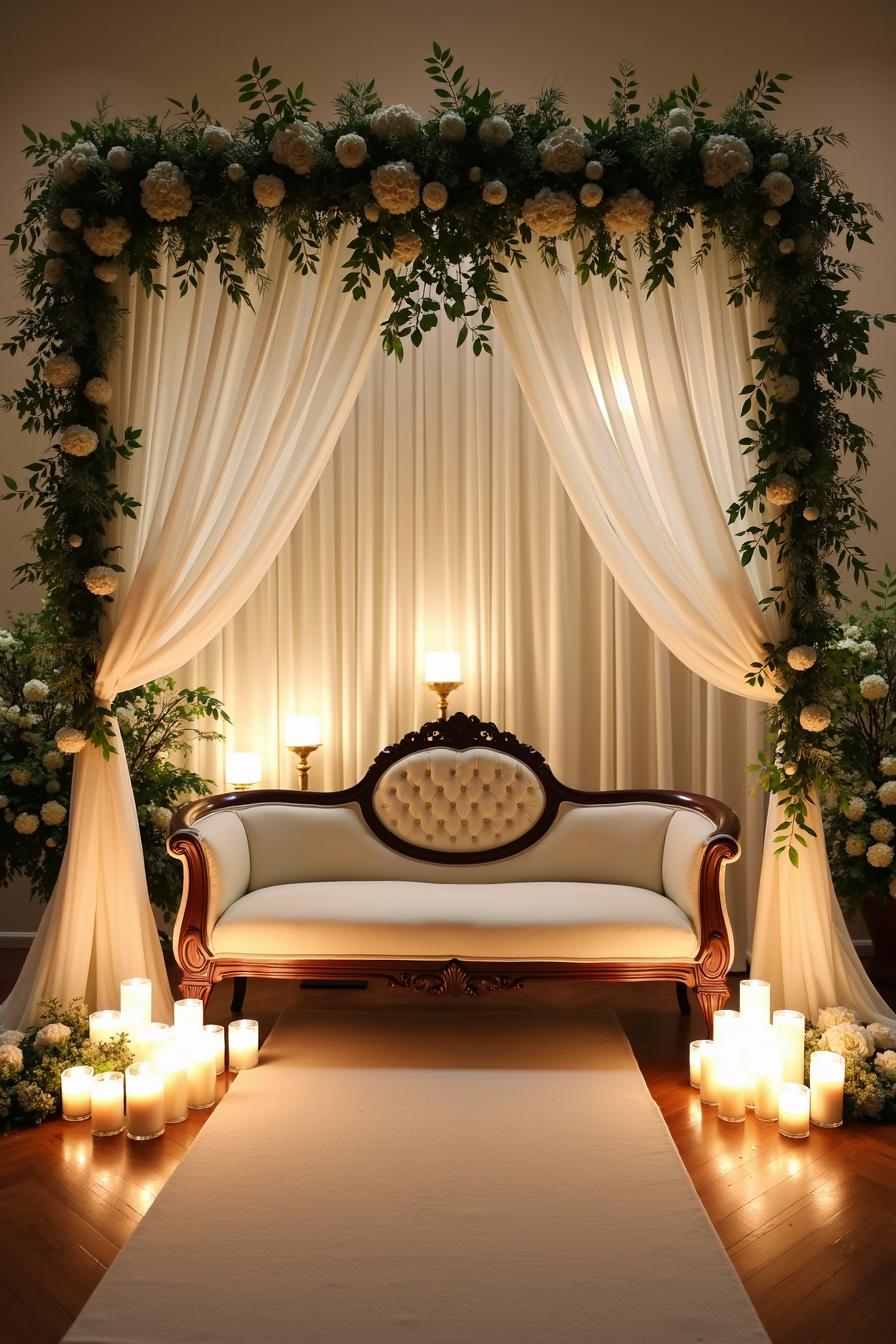 Vintage sofa under floral arch with glowing candles