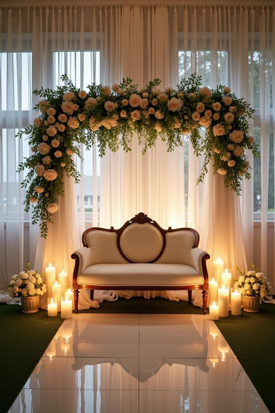 Floral arch with candles and a vintage loveseat