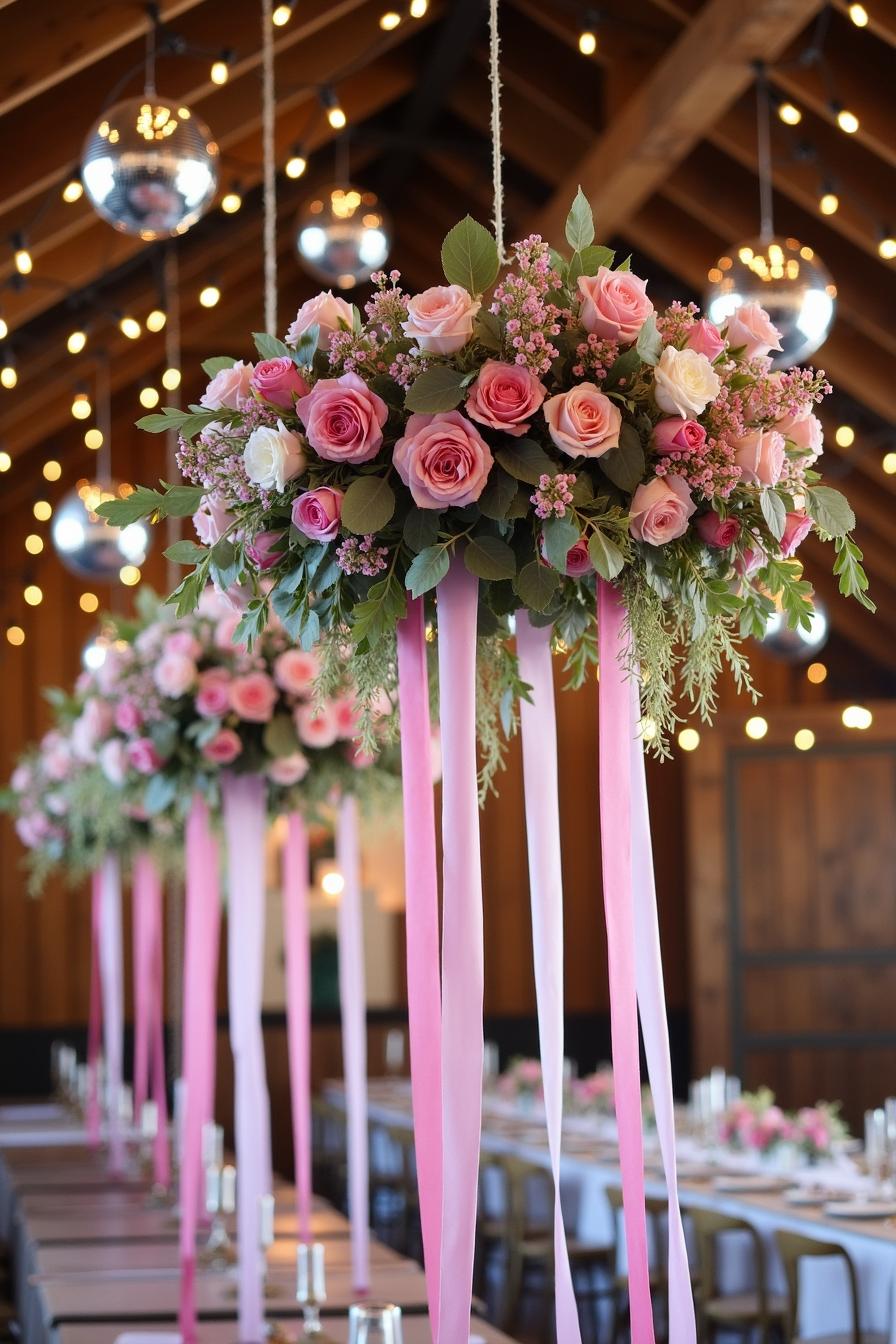 Hanging florals with pink ribbons and disco balls