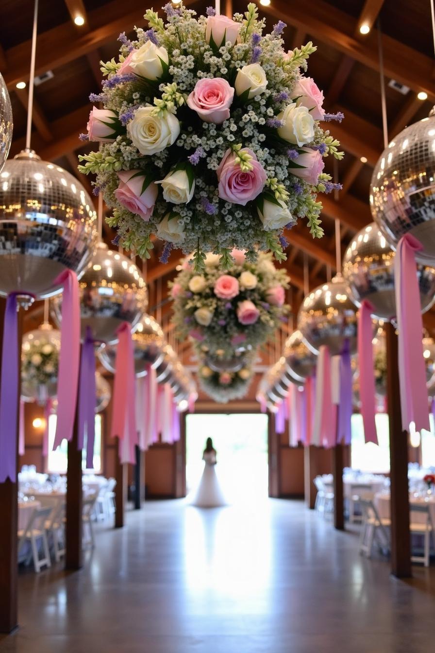 Glitter balls and floral clusters hang above a wedding aisle