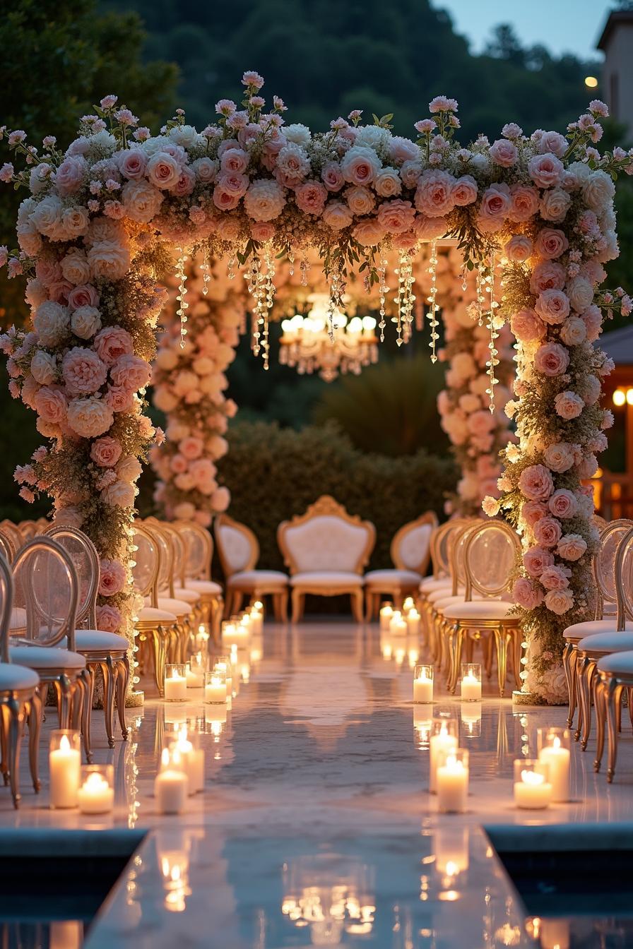 Aisle lined with candles and floral arch