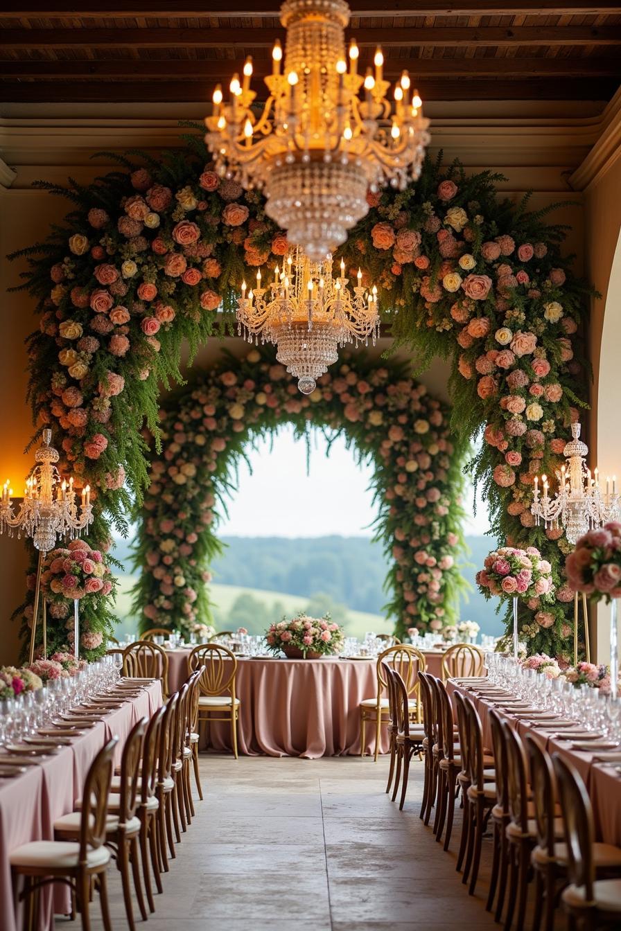 Ornate chandeliers with lush floral archways over elegant tables