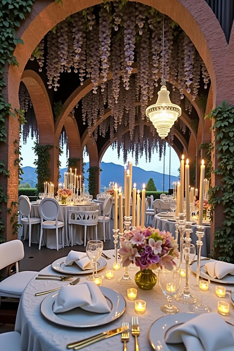 Outdoor wedding reception with candles and wisteria