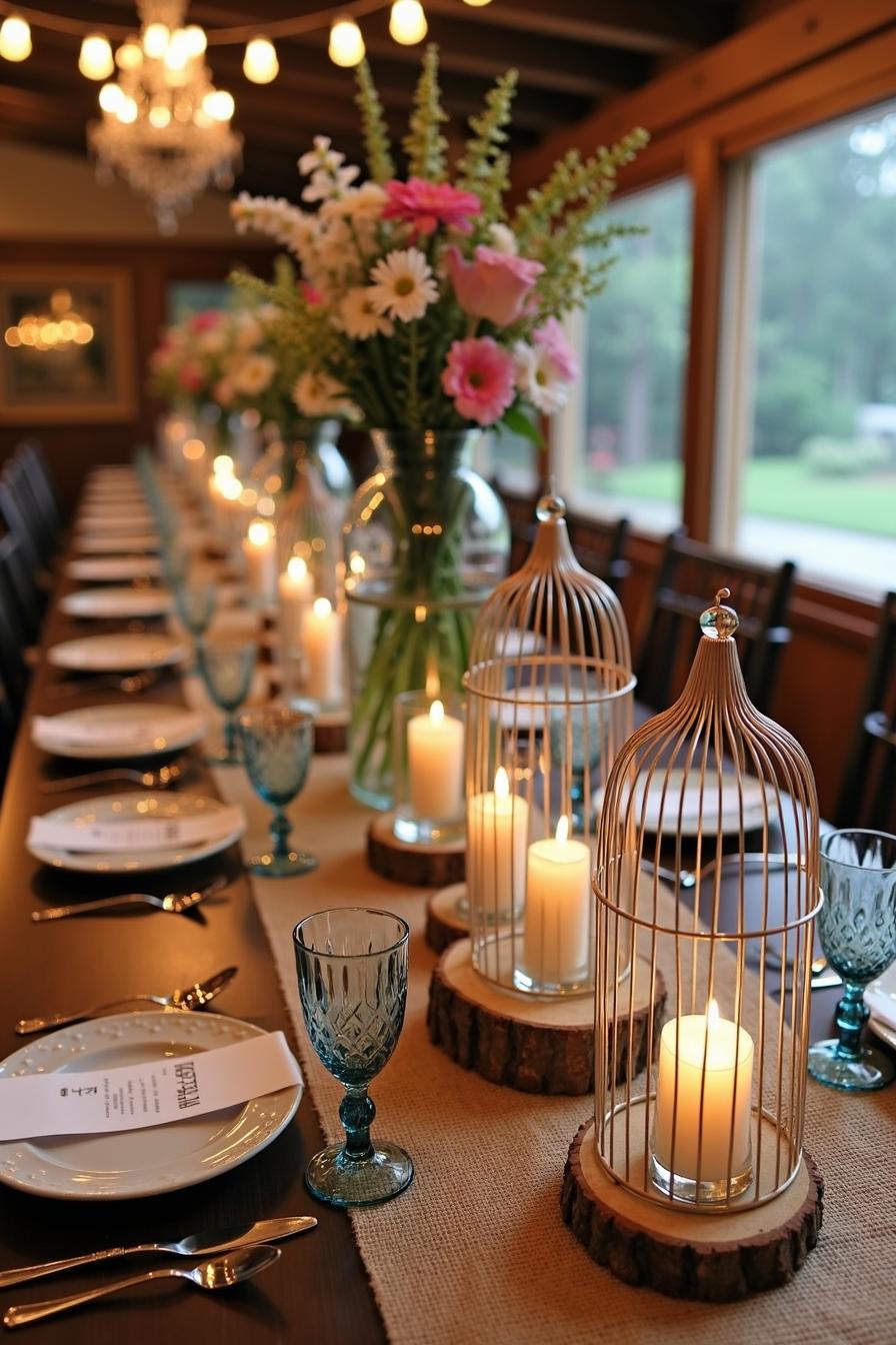 Long table with birdcages, candles, and flowers