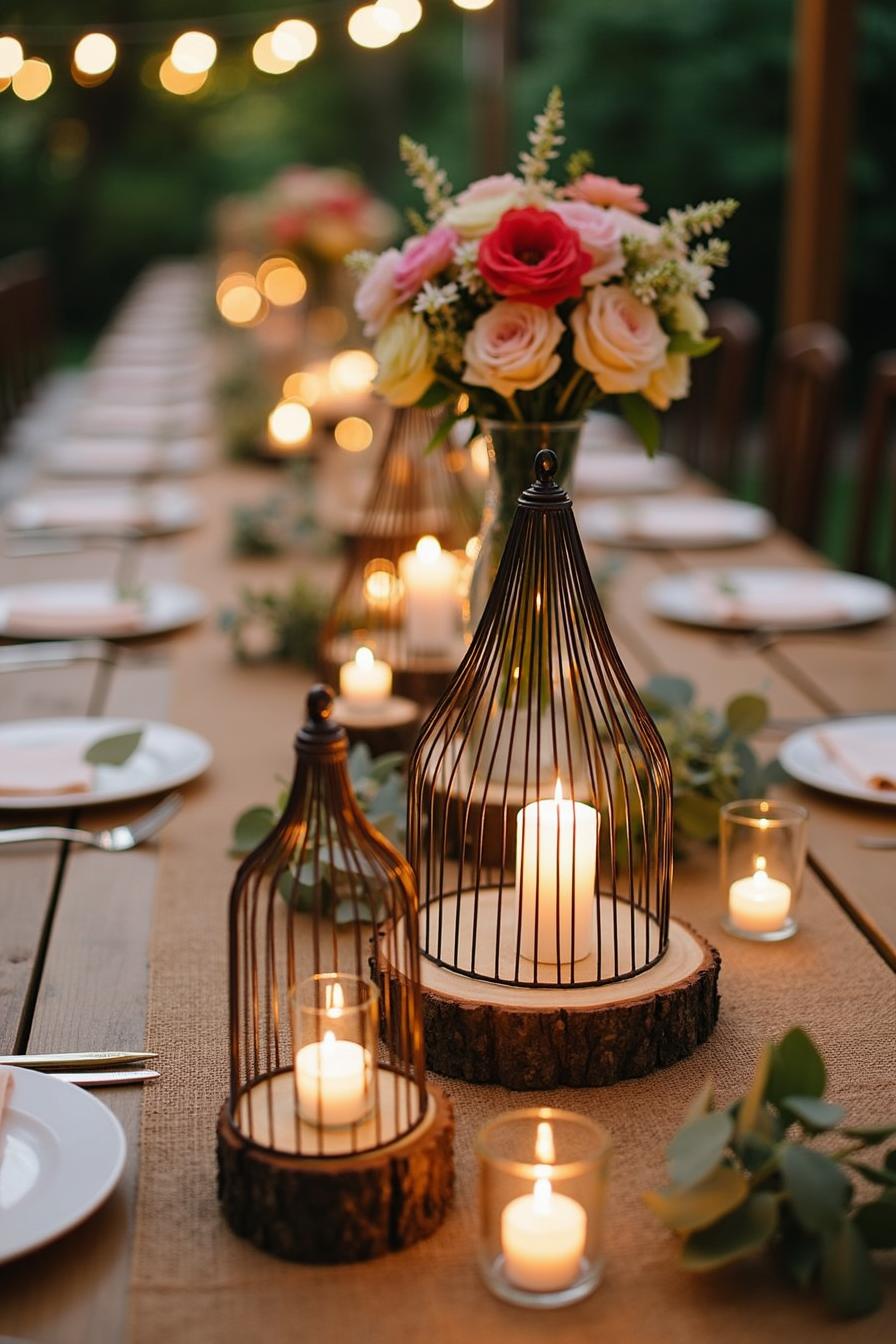 Candles in birdcages with floral centerpiece on a table