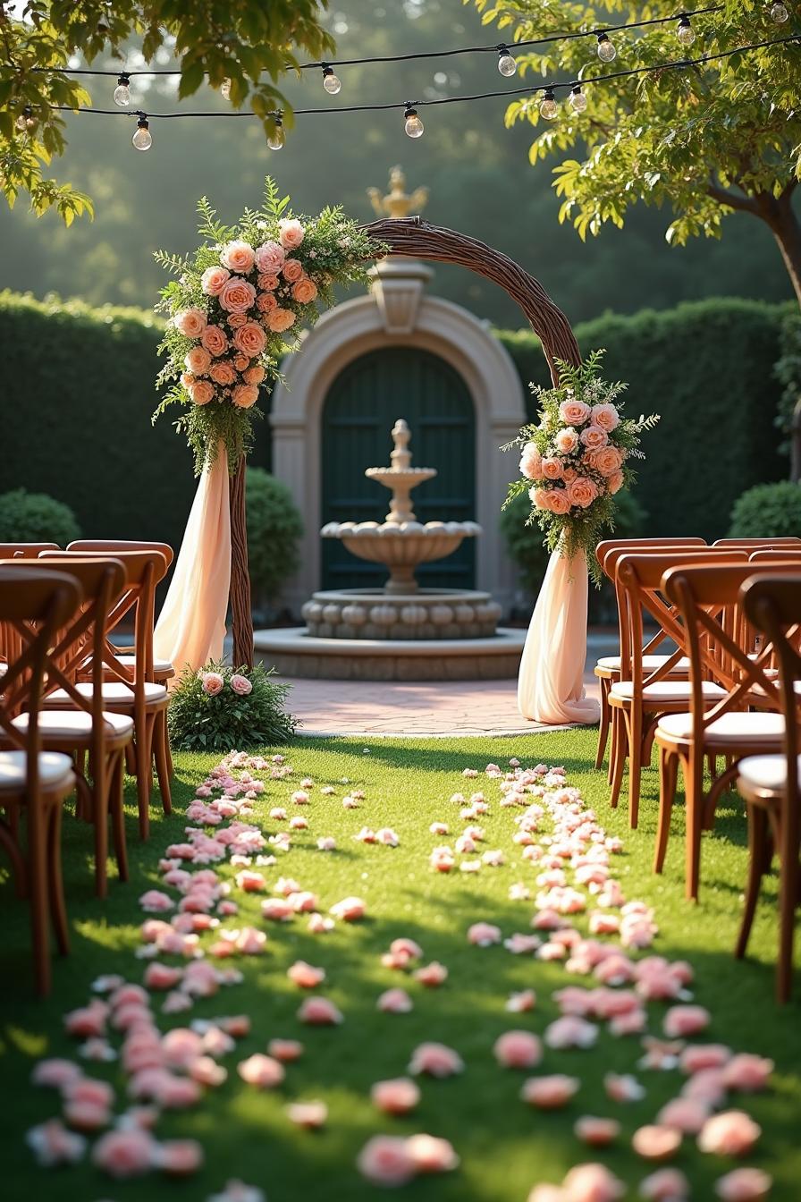 Romantic garden wedding aisle with floral arch and petals