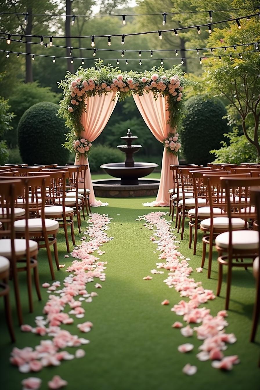 Garden wedding setup with arch, fountain, and scattered petals