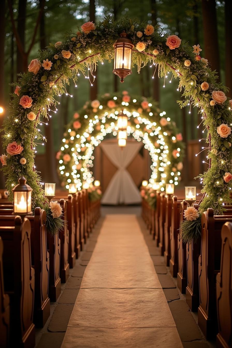 Woodland aisle adorned with arches and lights