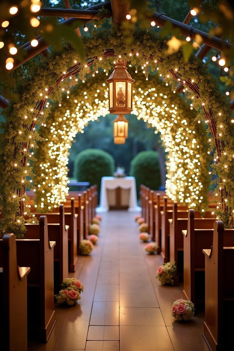 A candlelit archway adorned with fairy lights and floral accents