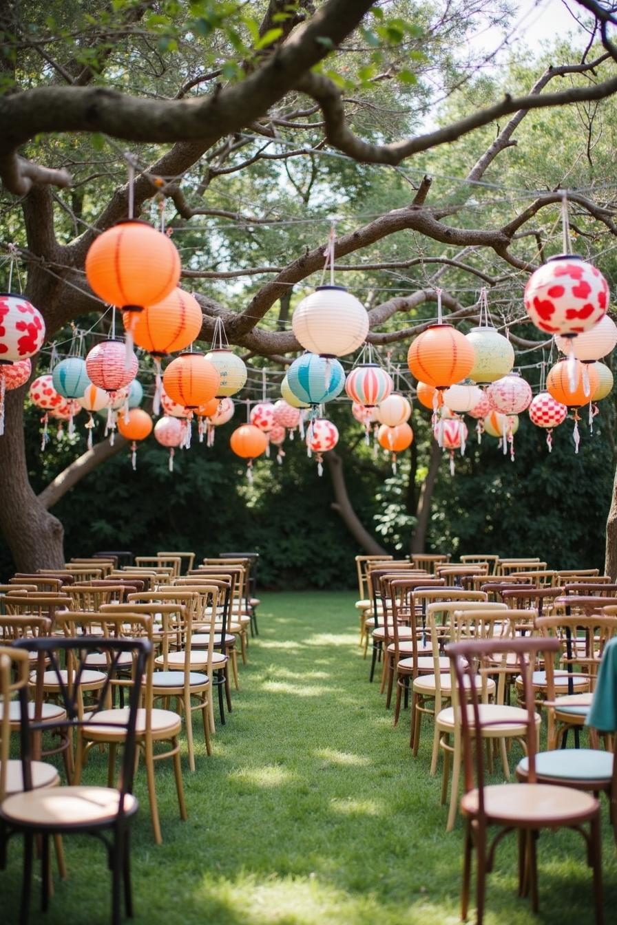 Colorful paper lanterns hang over a grassy aisle with wooden chairs