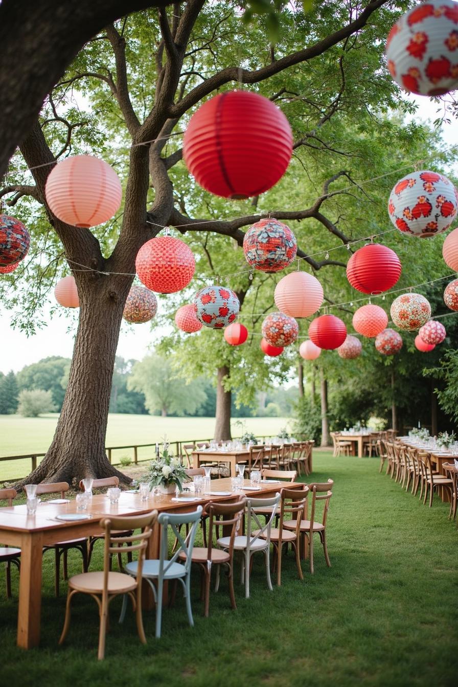 Colorful paper lanterns hanging in trees above outdoor wedding tables