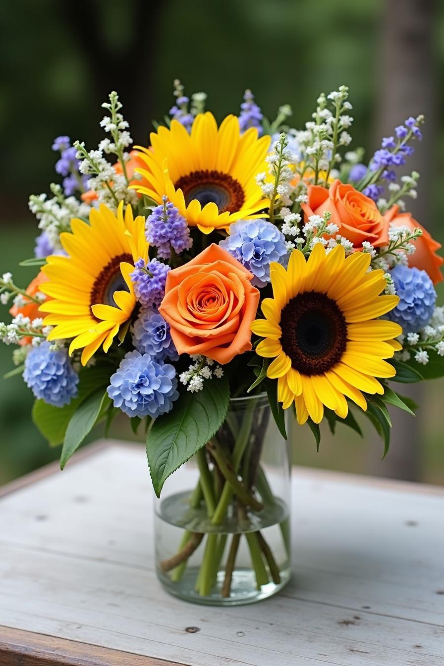 Vibrant bouquet with sunflowers, roses, and hydrangeas