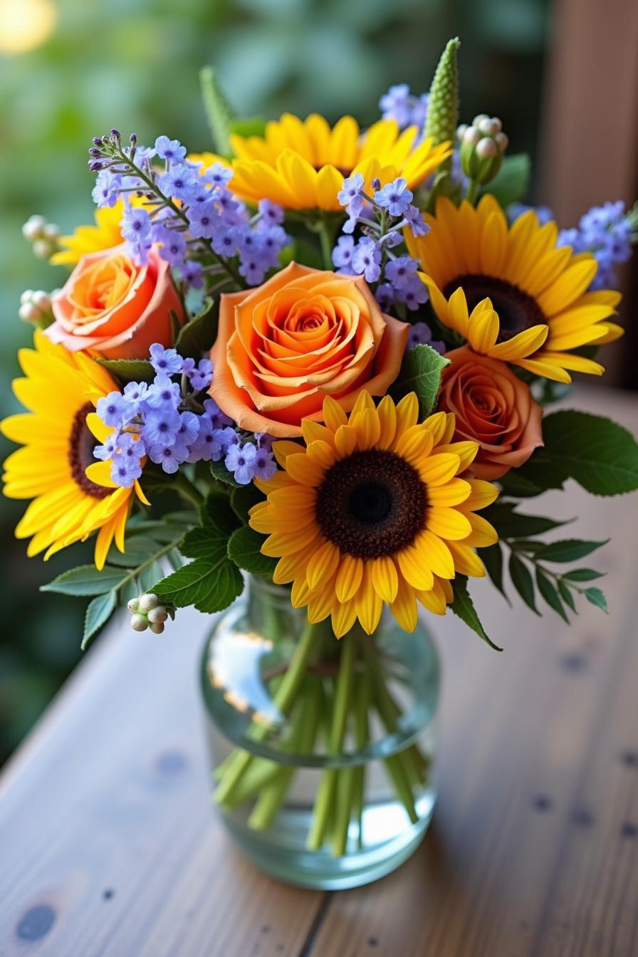 Vibrant bouquet of sunflowers, orange roses, and purple blossoms