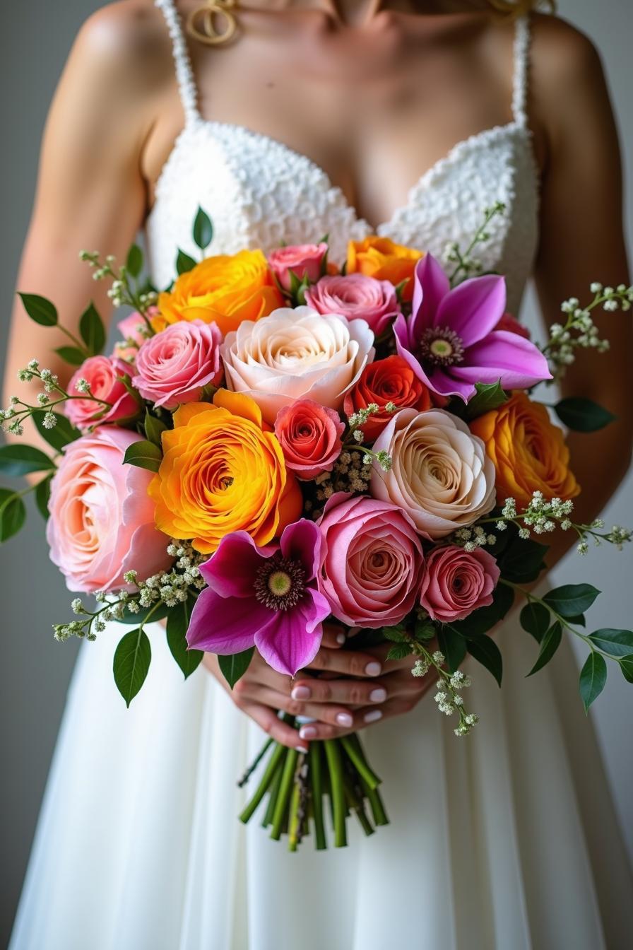 Bride holding vibrant floral bouquet