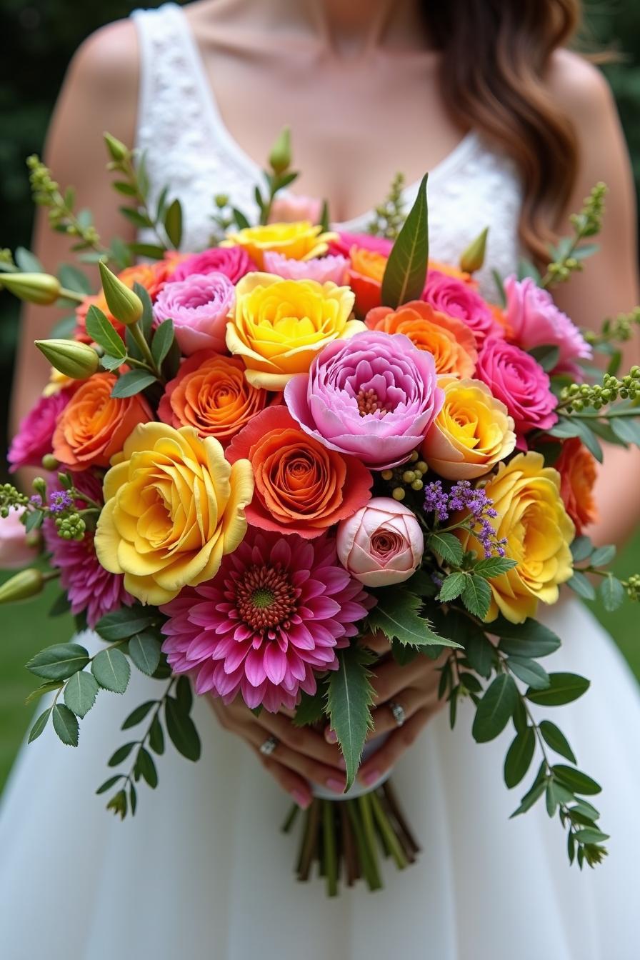 Bride holding a vibrant, colorful bouquet of flowers