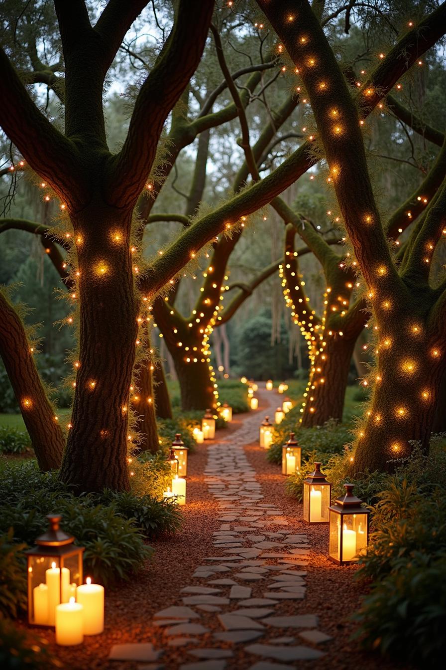 Pathway Lined with Lanterns, Illuminated Trees