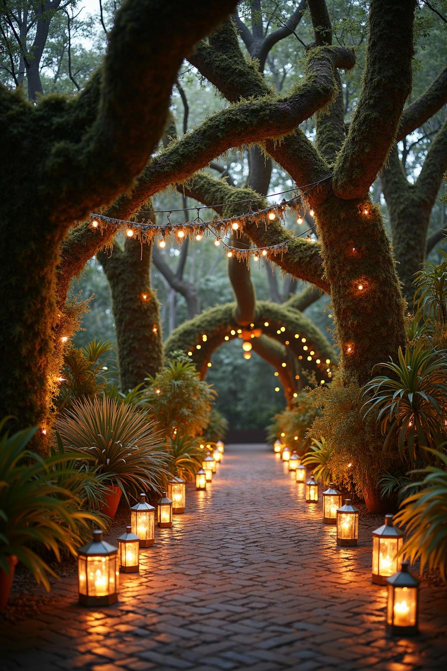 Pathway lined with glowing lanterns and lush foliage