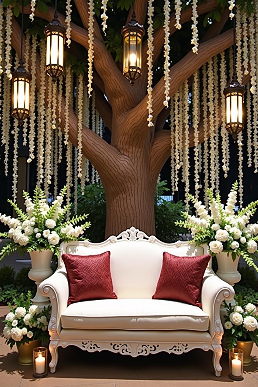 Elegant couch under a tree with hanging lanterns and floral arrangements