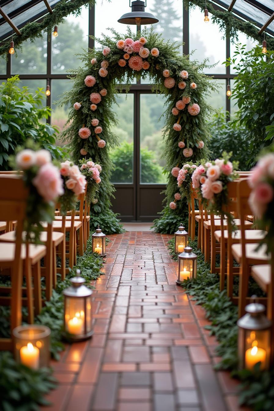 Brick aisle with floral arch and lanterns