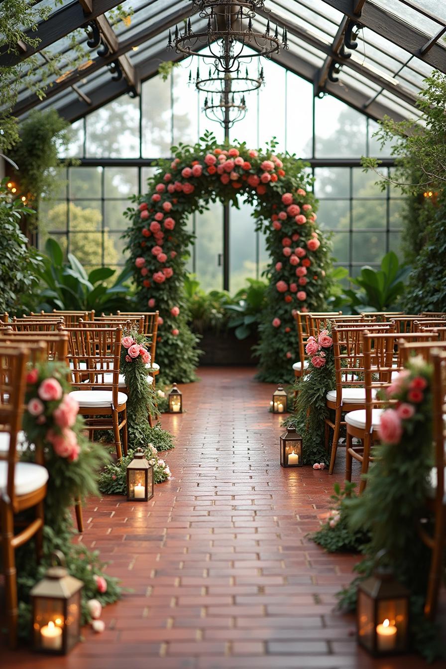 Lush floral archway in a greenhouse setting