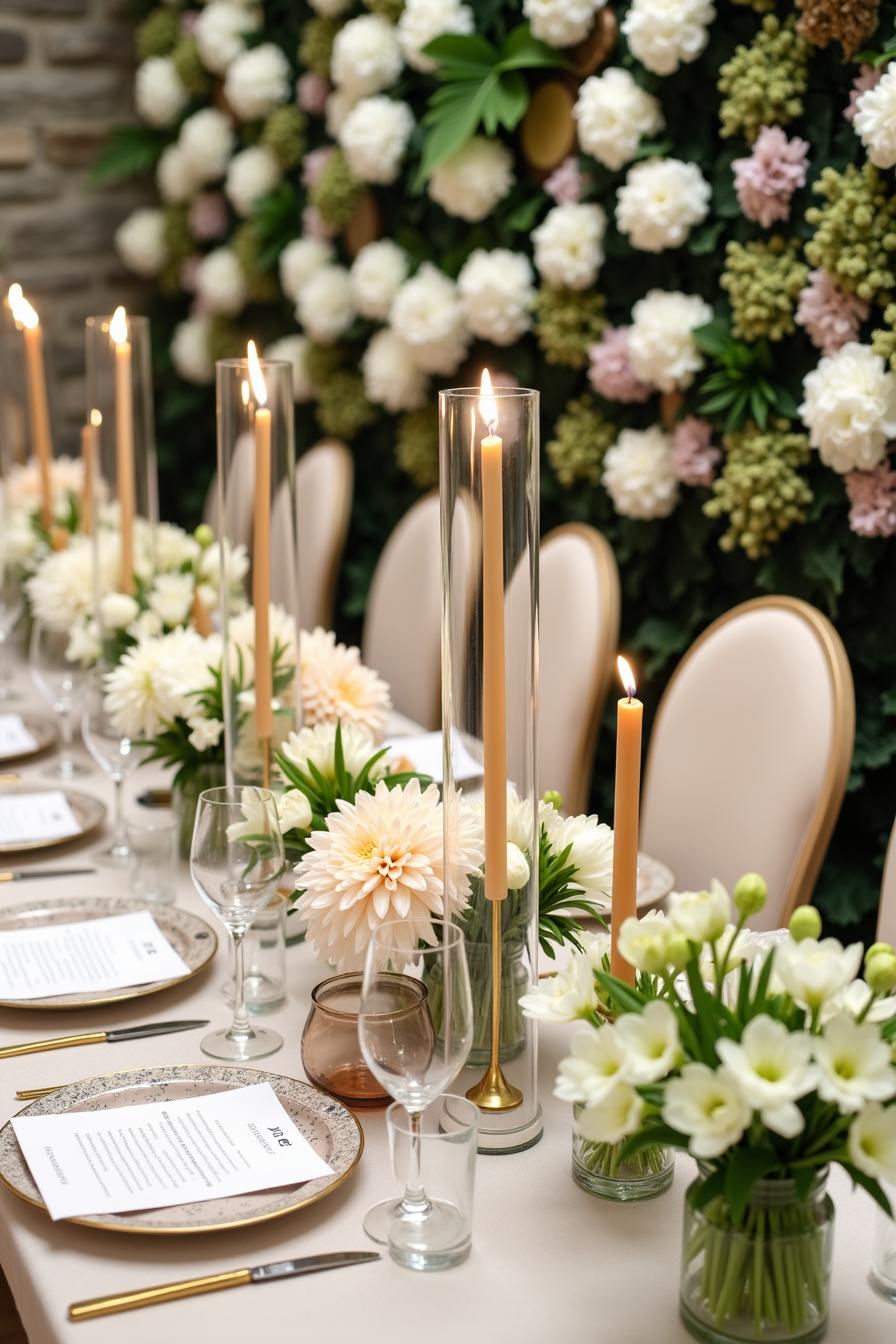 Long table with elegant floral arrangements and tall candles