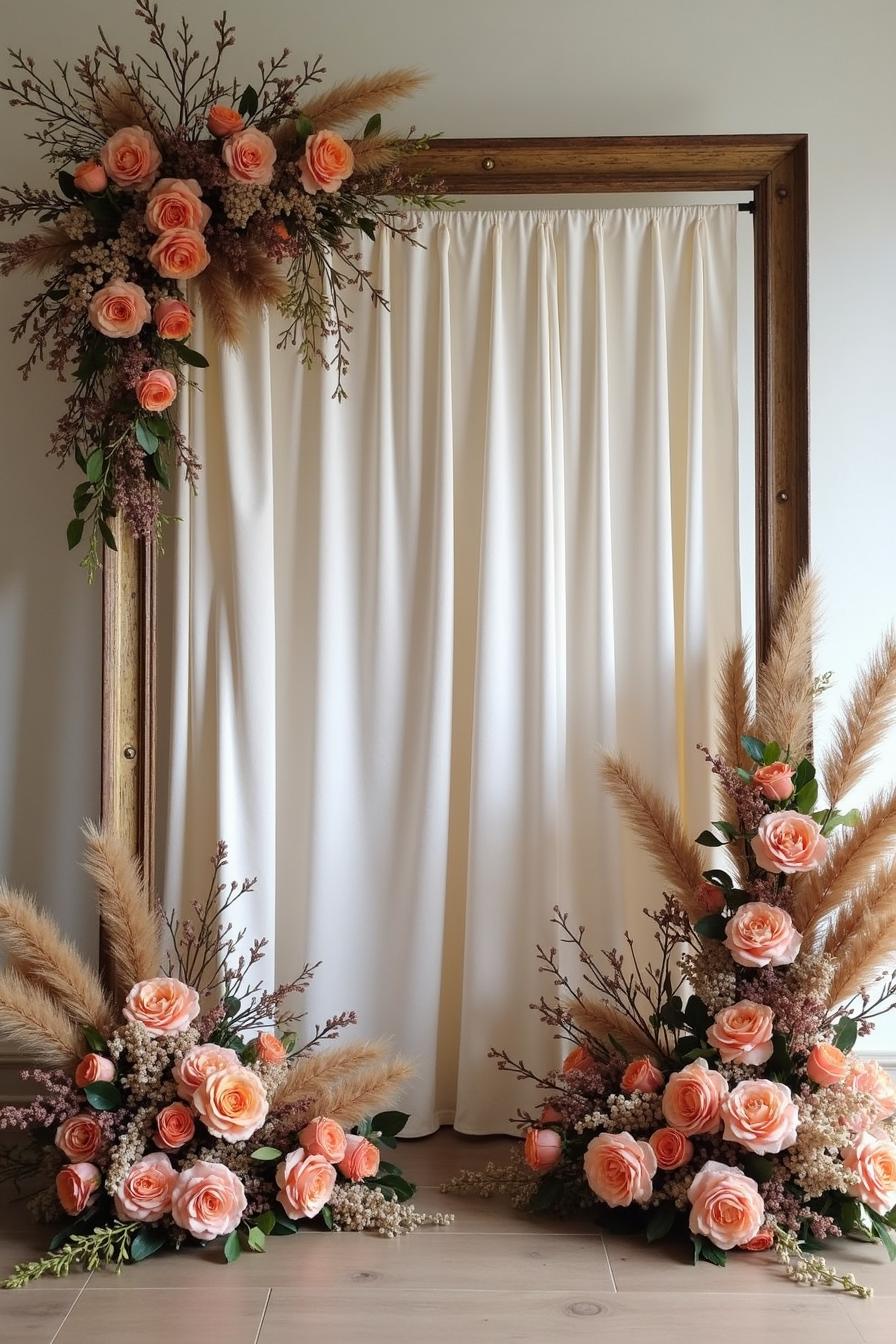 Rustic wooden frame with peach floral arrangements and soft white drapery