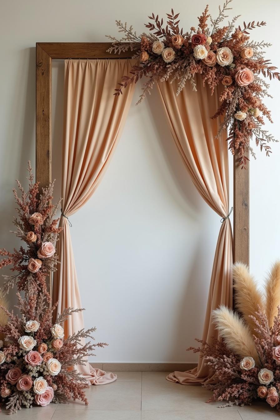 Elegant floral arrangement with draped curtains
