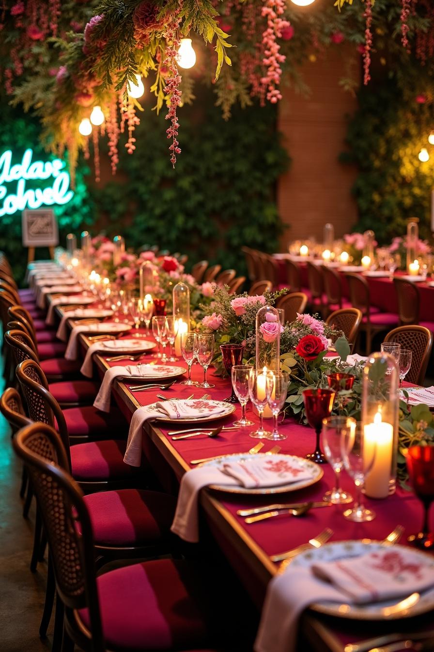 Long, festively decorated wedding table with hanging flowers and candles