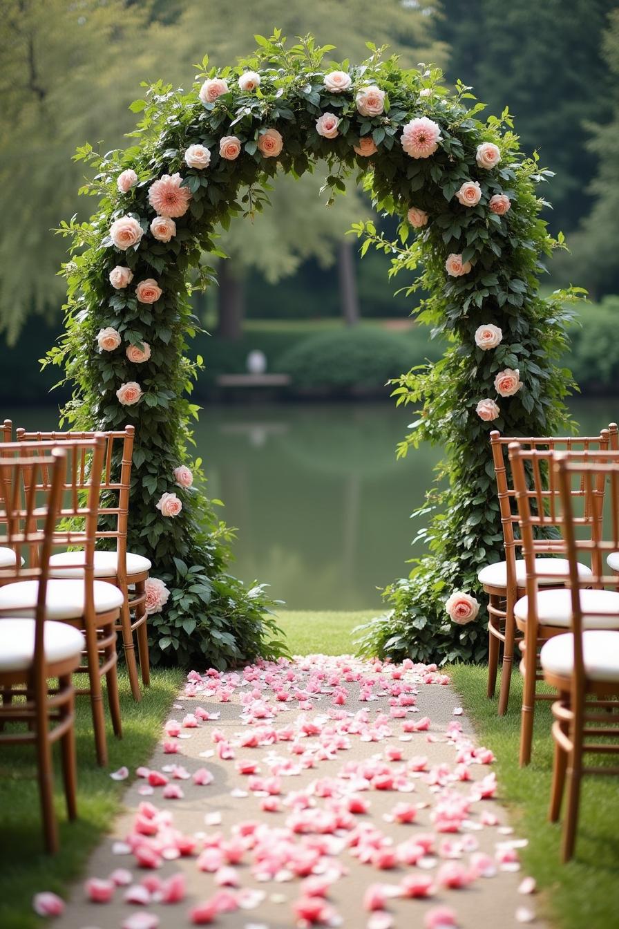 Floral archway and petal-strewn aisle by a lake