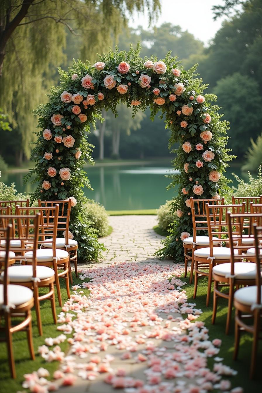 Floral archway with chairs by a serene lake