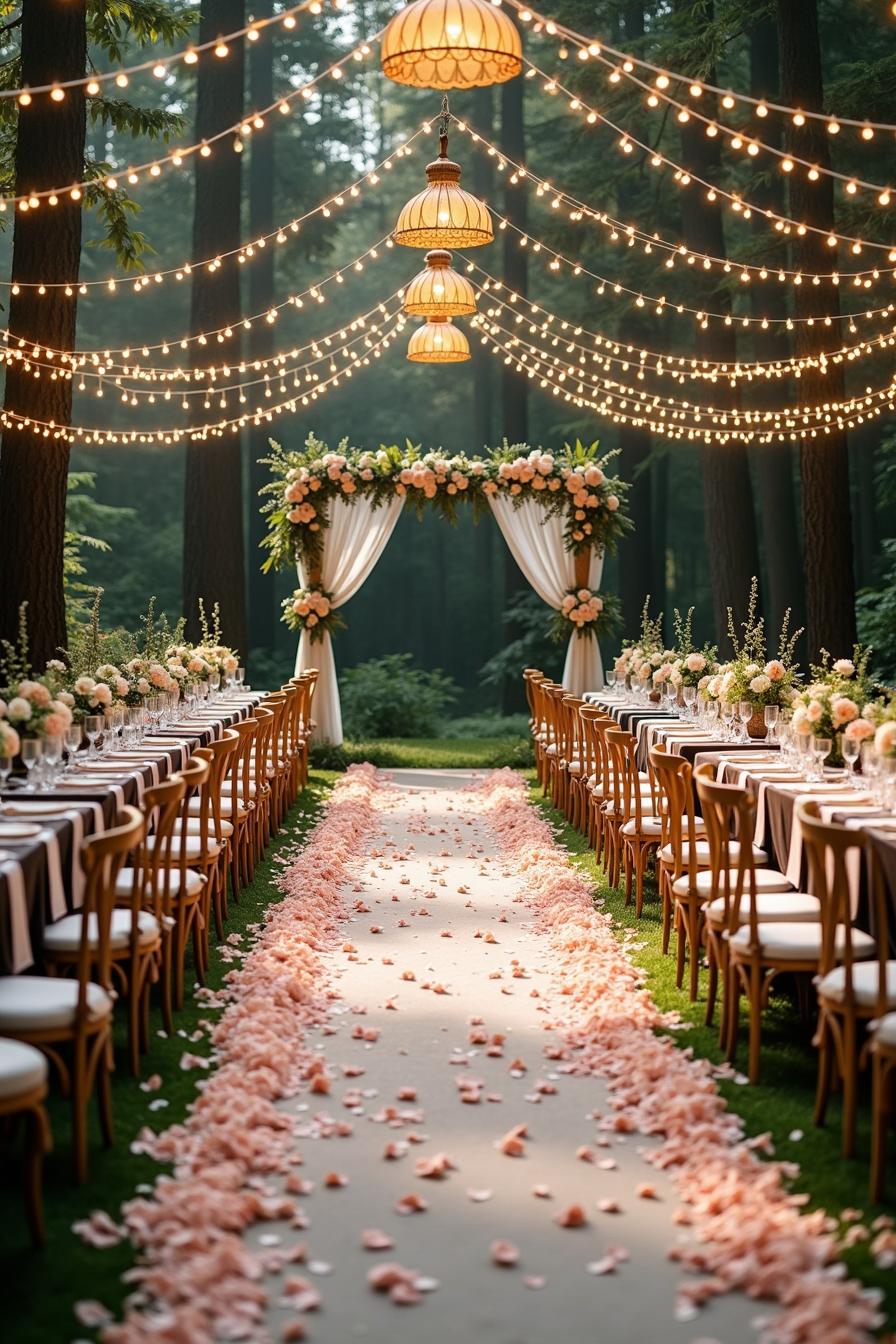 A forest wedding aisle with hanging lanterns and flower petals