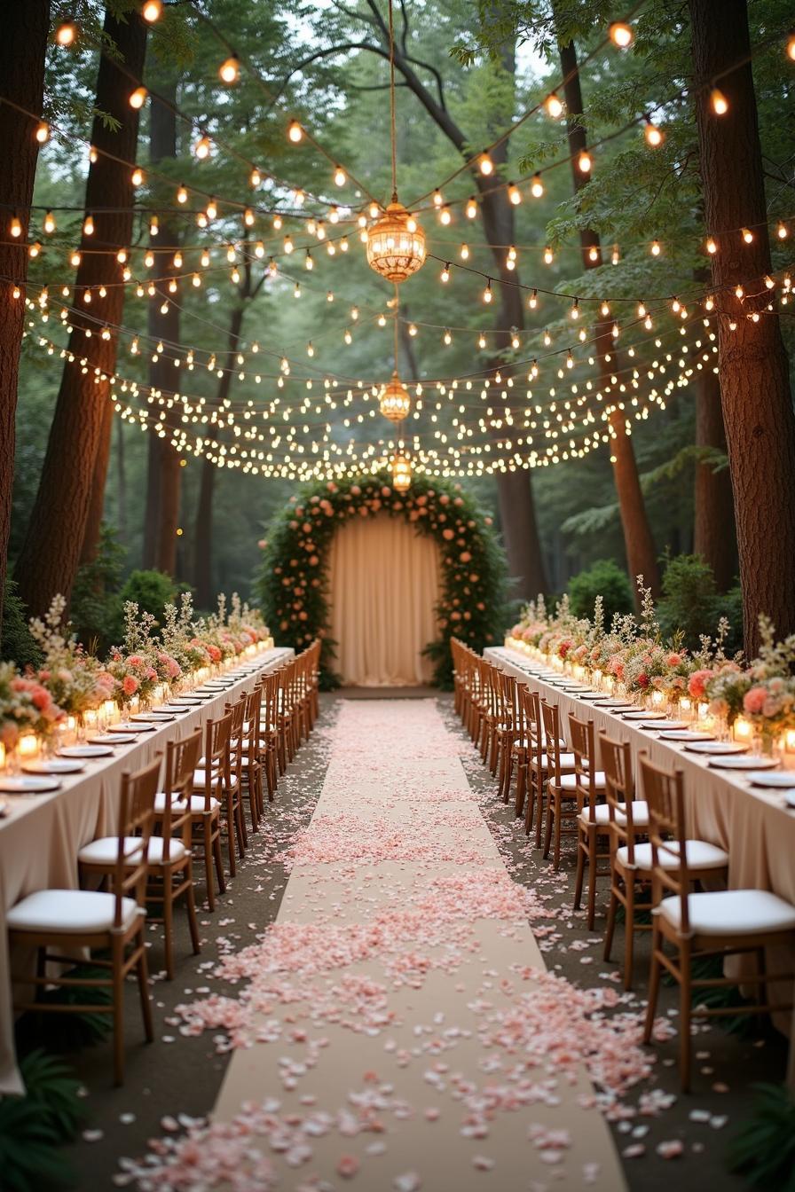 Outdoor wedding aisle with floral decorations and string lights