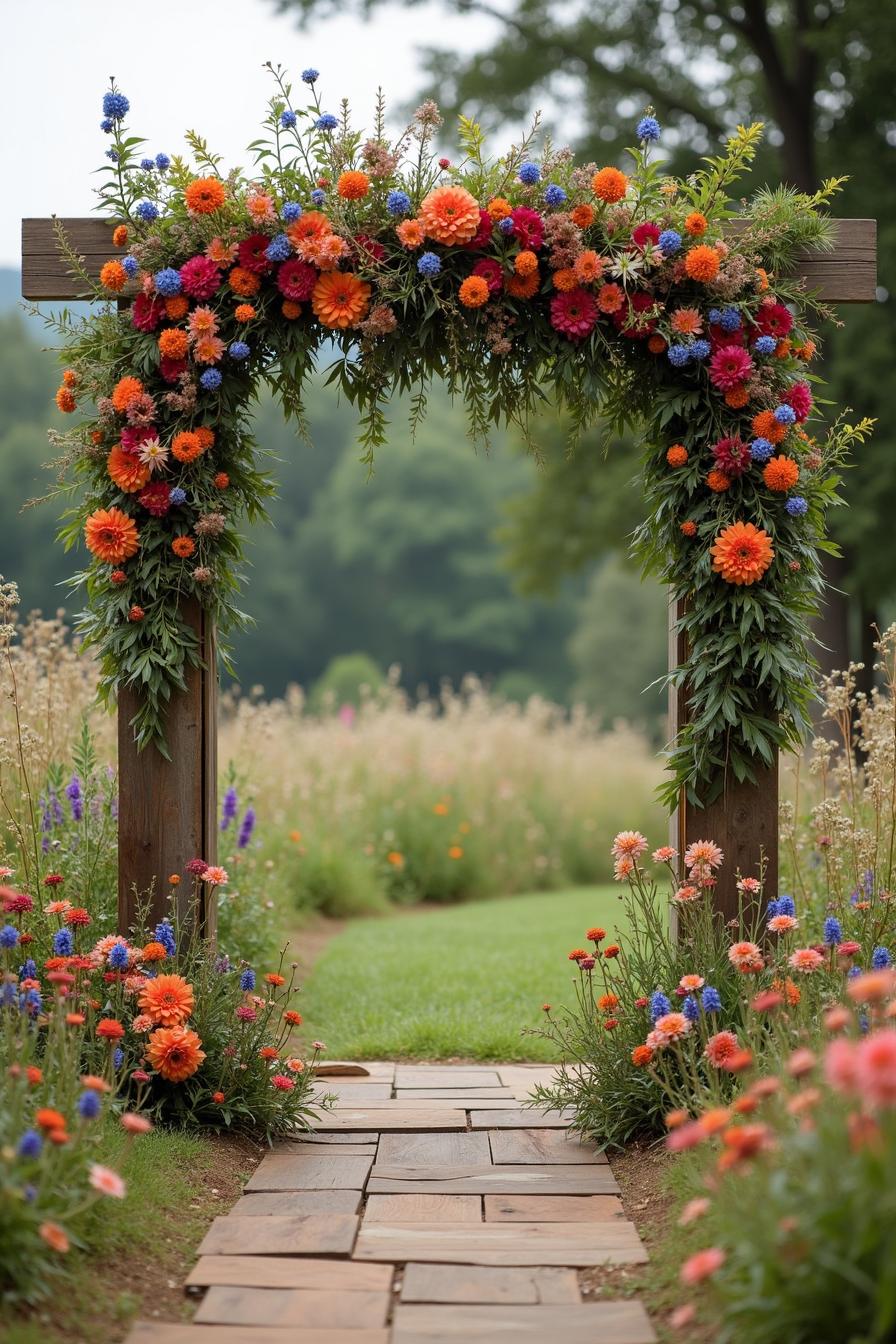 Wooden arch adorned with vibrant flowers over a stone path