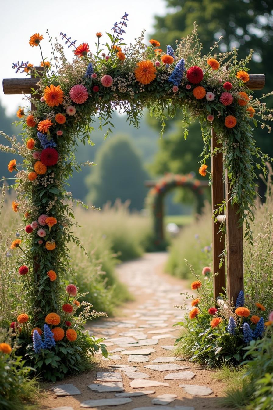 Floral archway over a stone walkway in a garden