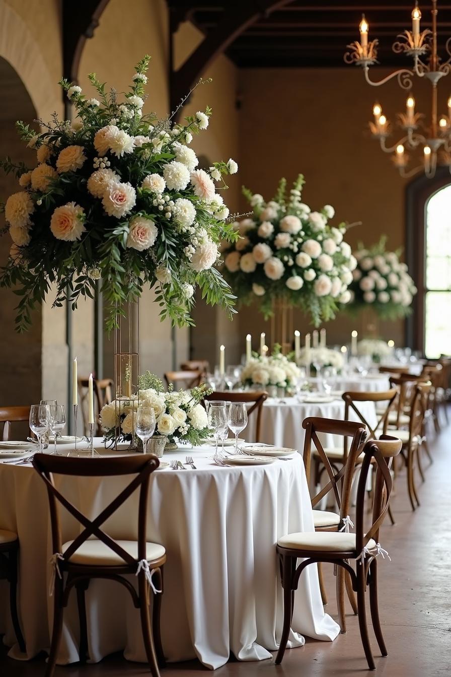 Elegant wedding table setup with lush floral arrangements