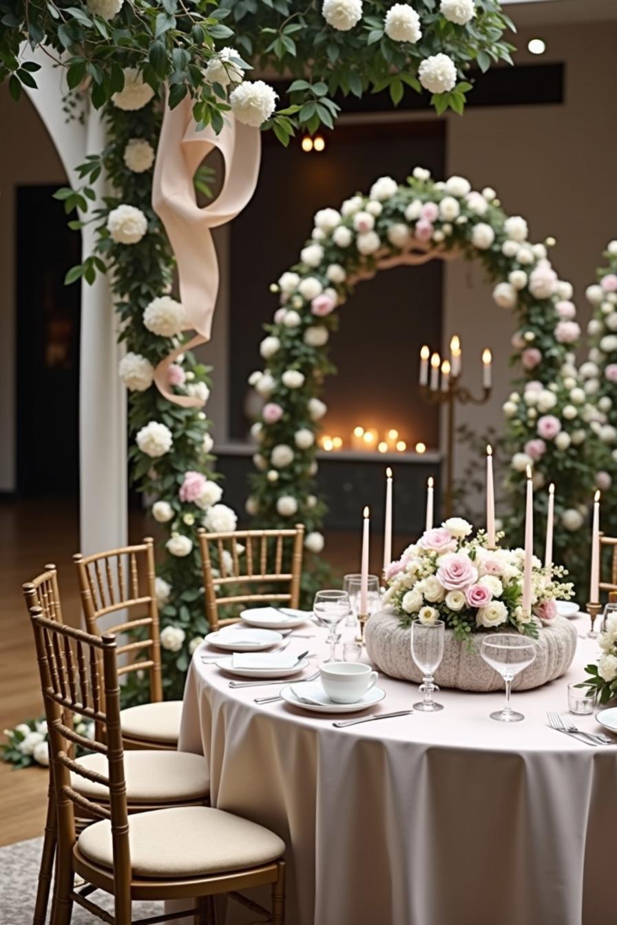 Elegant dinner setup with floral centerpiece and floral arches