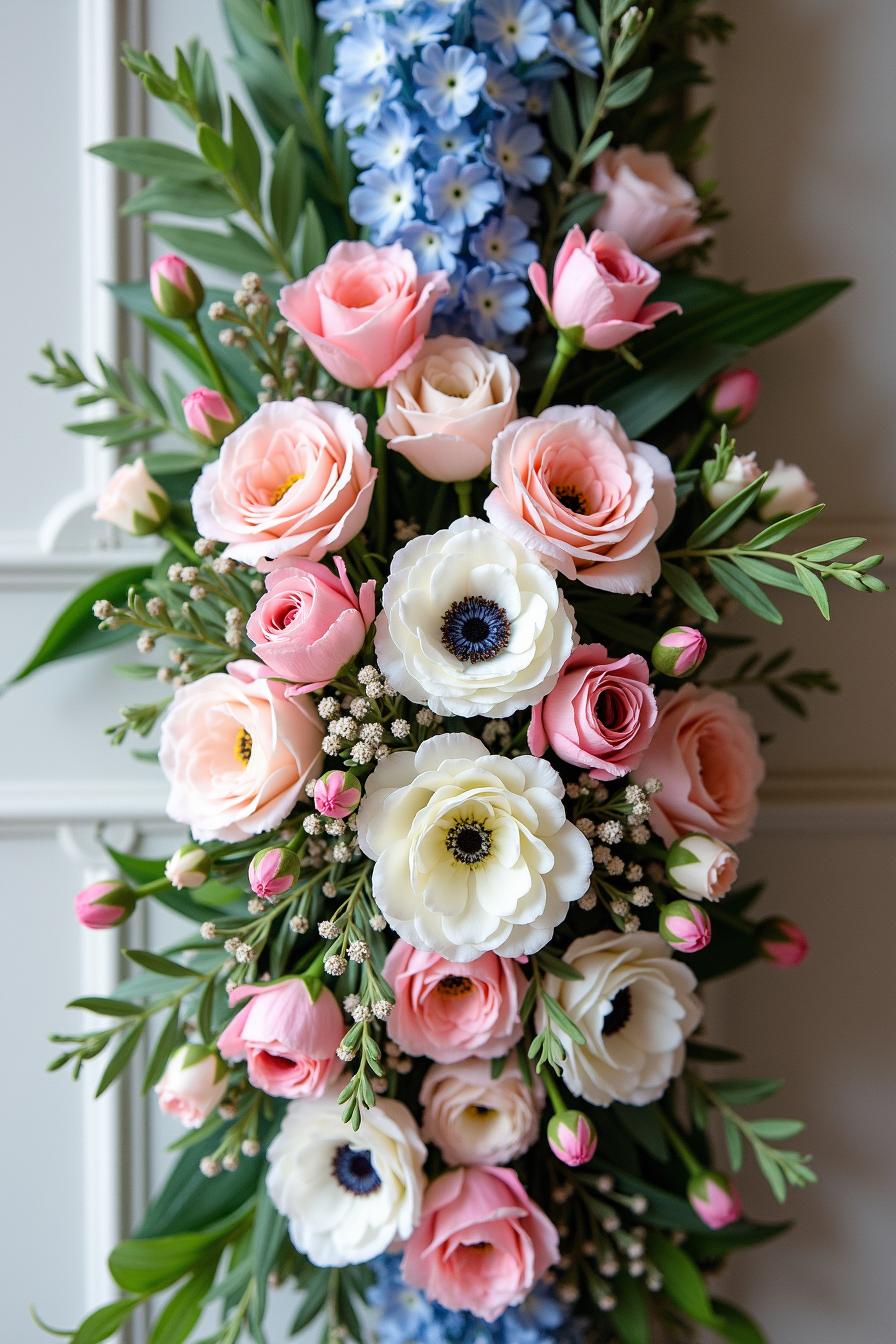 Bouquet with white, pink, and blue flowers