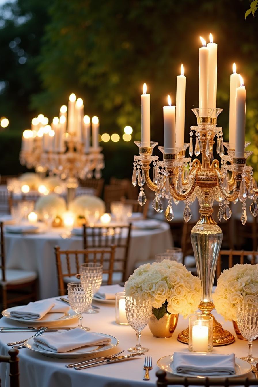 Glistening candlelit tables with golden chandeliers