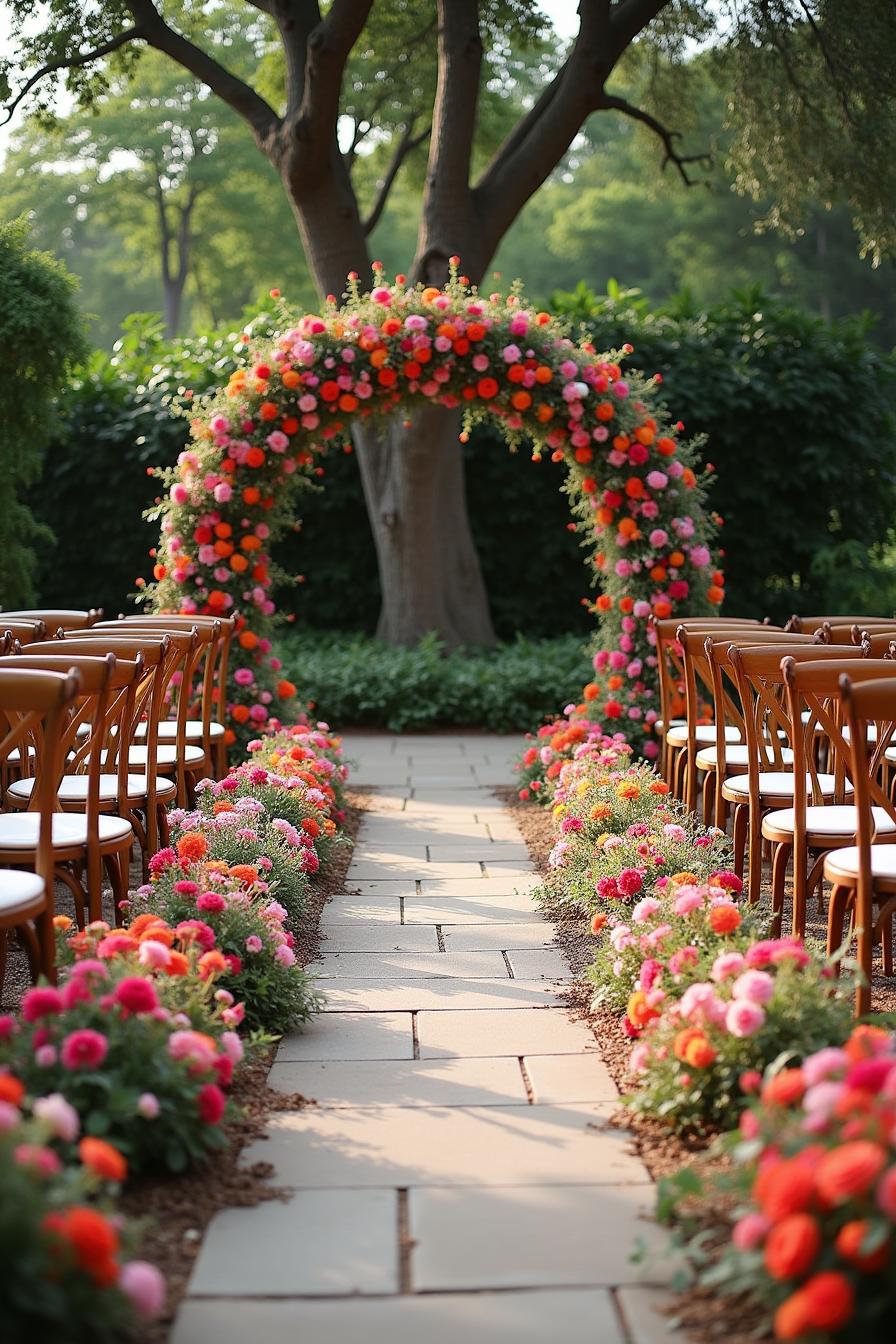 Vibrant floral arch and aisle in a garden setting