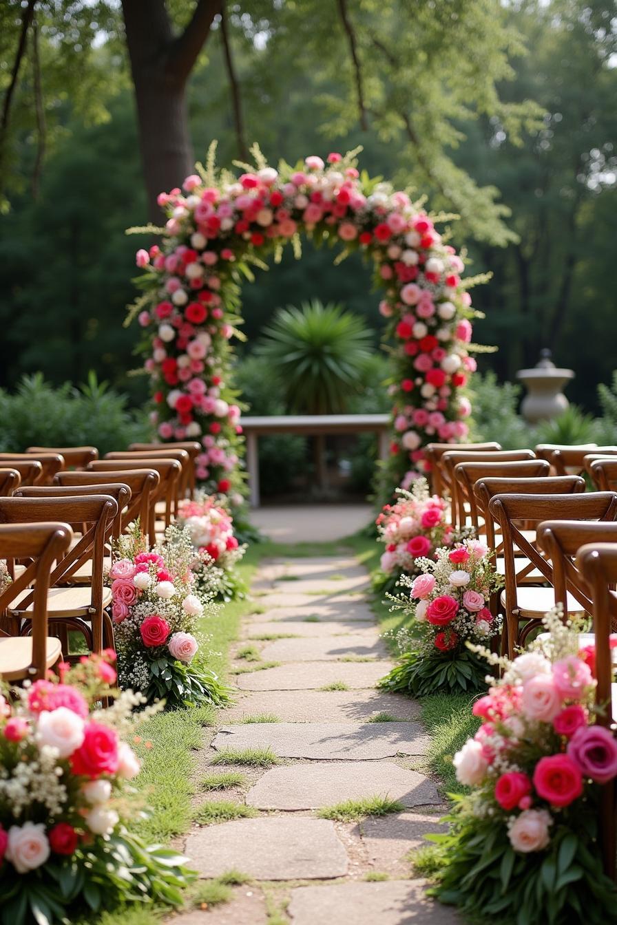 Floral arch and aisle with chairs in a garden setting