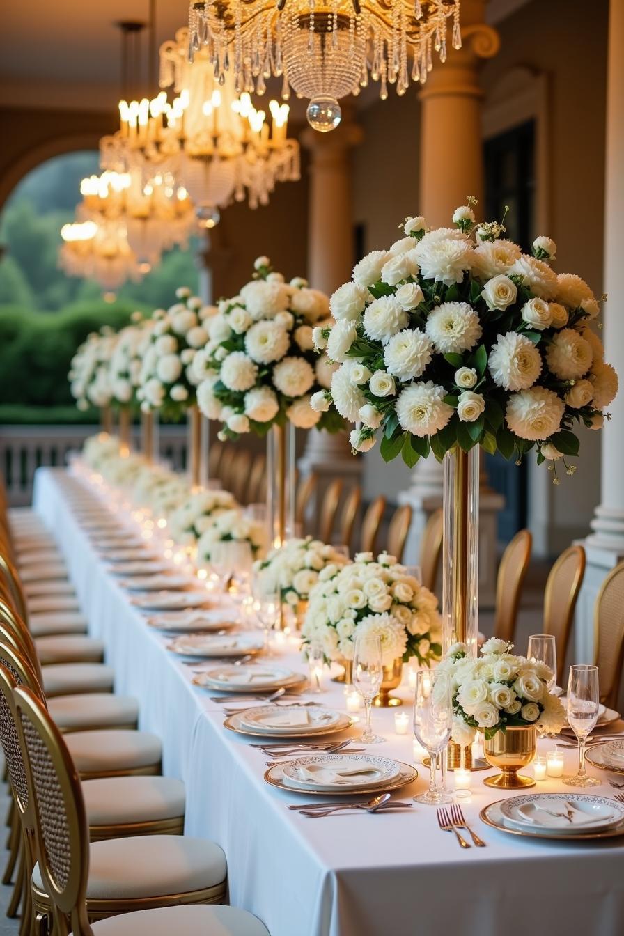 Elegant wedding table setting with chandeliers and white flowers