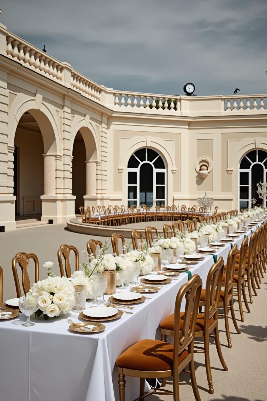 Elegant outdoor table setting with white roses and gold accents