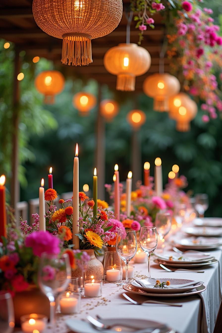 Colorful candles and lanterns illuminate a beautifully set wedding table