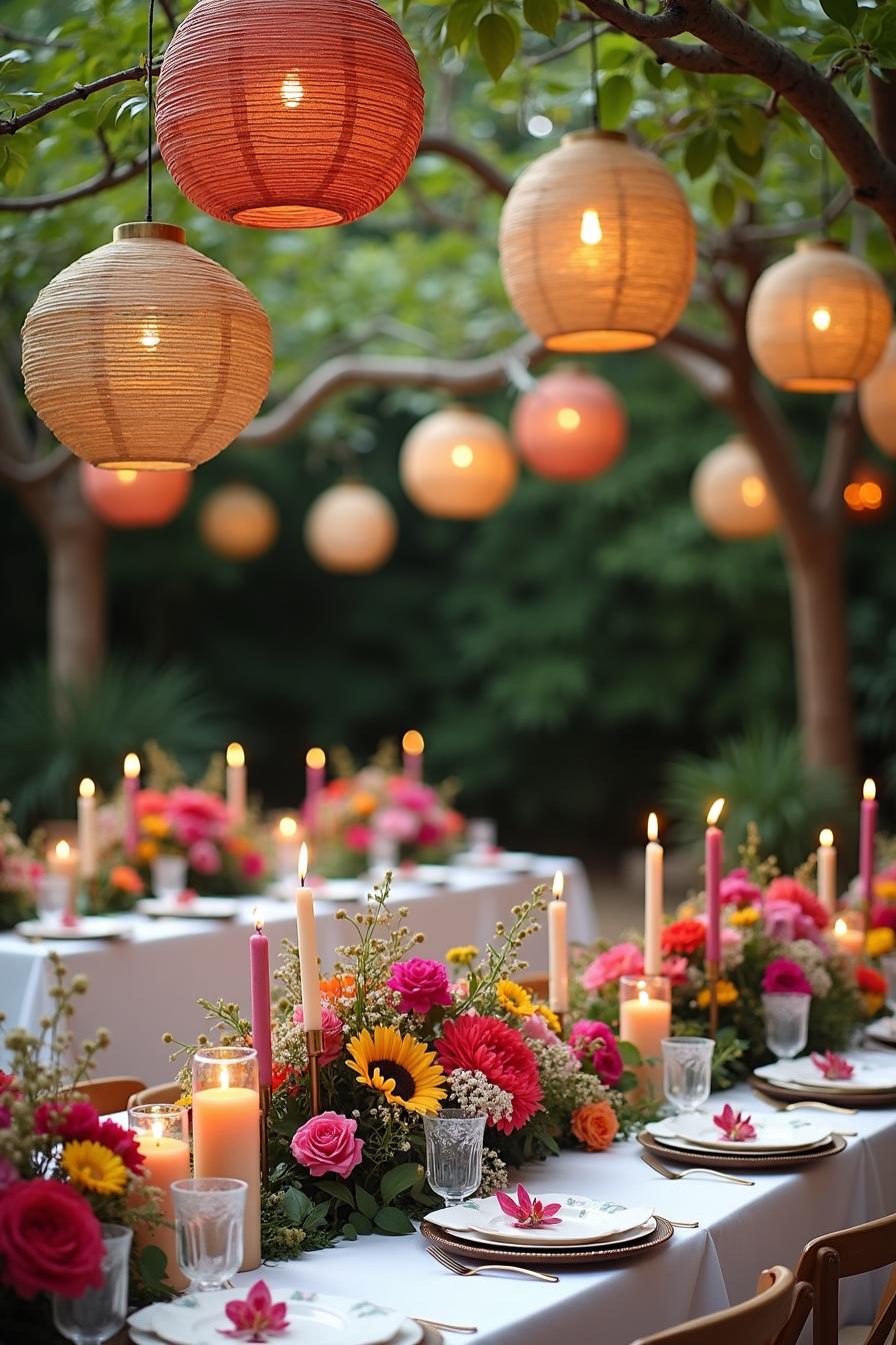 Vibrant lanterns and floral centerpieces create enchanting ambiance