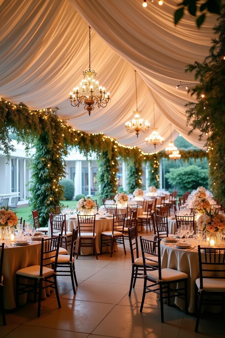 Elegant wedding reception with chandeliers and lush greenery