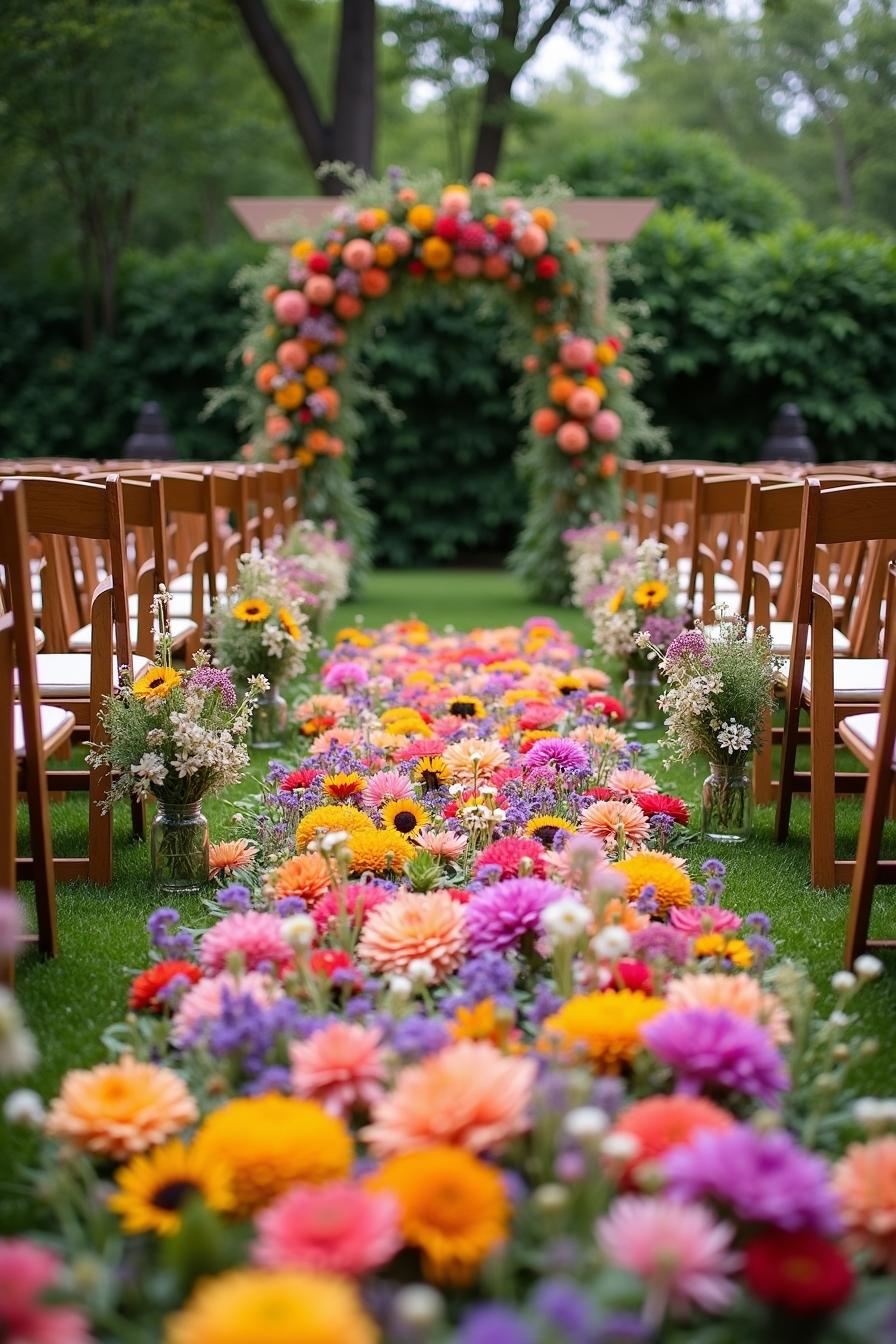 Lush, colorful floral aisle leading to a vibrant wedding arch