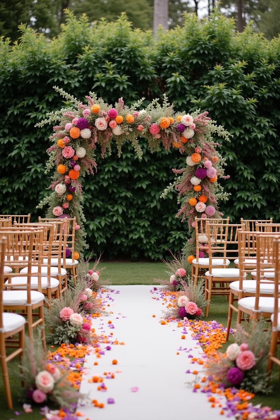 Floral arch with colorful petals on the aisle